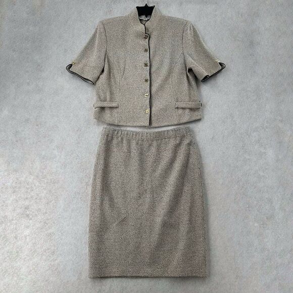 St. John Marie‎ Gray Santana Knit 2 Piece Set Skirt Jacket SZ 14 Taupe Wool Suit